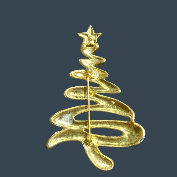 Christmas Tree Brooch Green Rhinestone Pin Gold Tone Zig Zag Vintage Jewelry - Picture 3 of 3